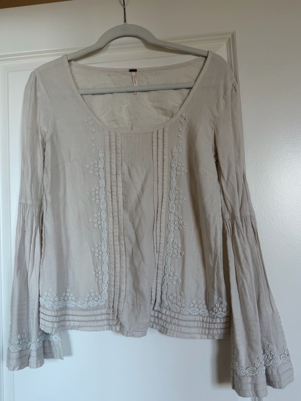 Free People Light Beige Embroidered Women's Scoop Neck Top